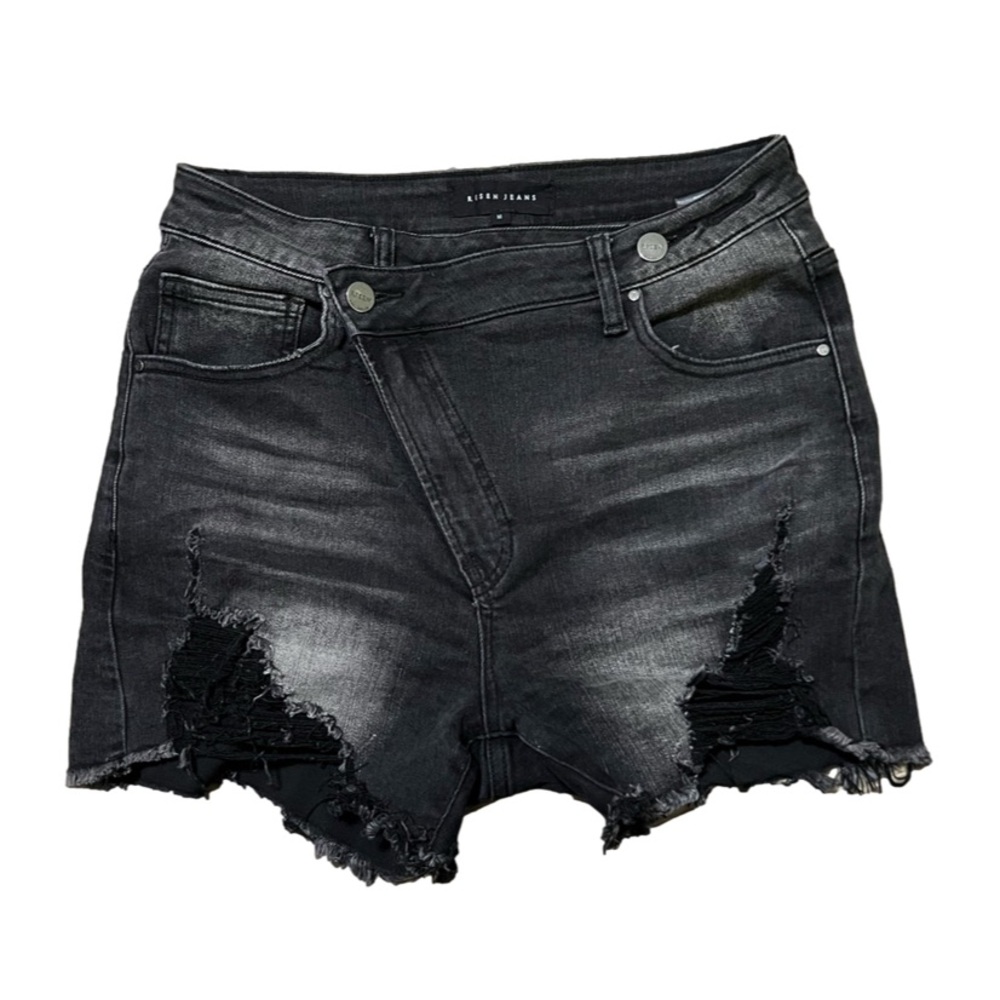 High-Rise Astmetrical Distressed Black Jean Shorts